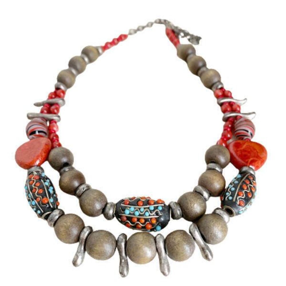CHICOS Necklace Vintage Colorful Beaded Double Strand Tribal Red Brown Silver